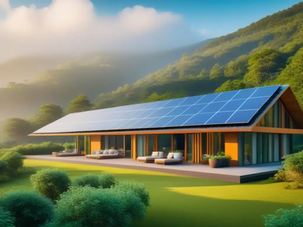 Resort ecológico futurista en bosque verde: lujo sostenible Resort ecoamigable en bosque con paneles solares, turbinas eólicas y estación de carga para vehículos eléctricos