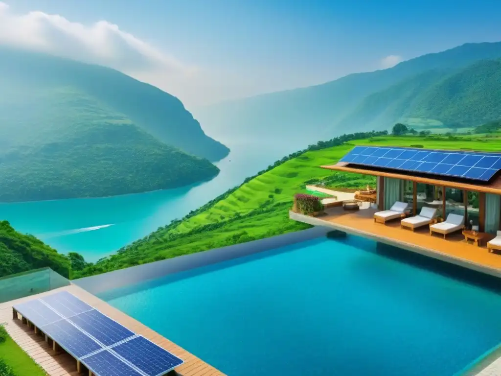 Resort ecológico de lujo en medio de la naturaleza Un resort ecofriendly de lujo entre montañas verdes, con paneles solares, turbinas eólicas y estaciones de carga para autos eléctricos
