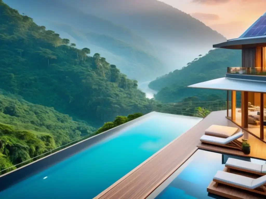 Resort ecológico de lujo en selva tropical: sostenibilidad y relax Un resort ecológico de lujo en la selva con prácticas sostenibles
