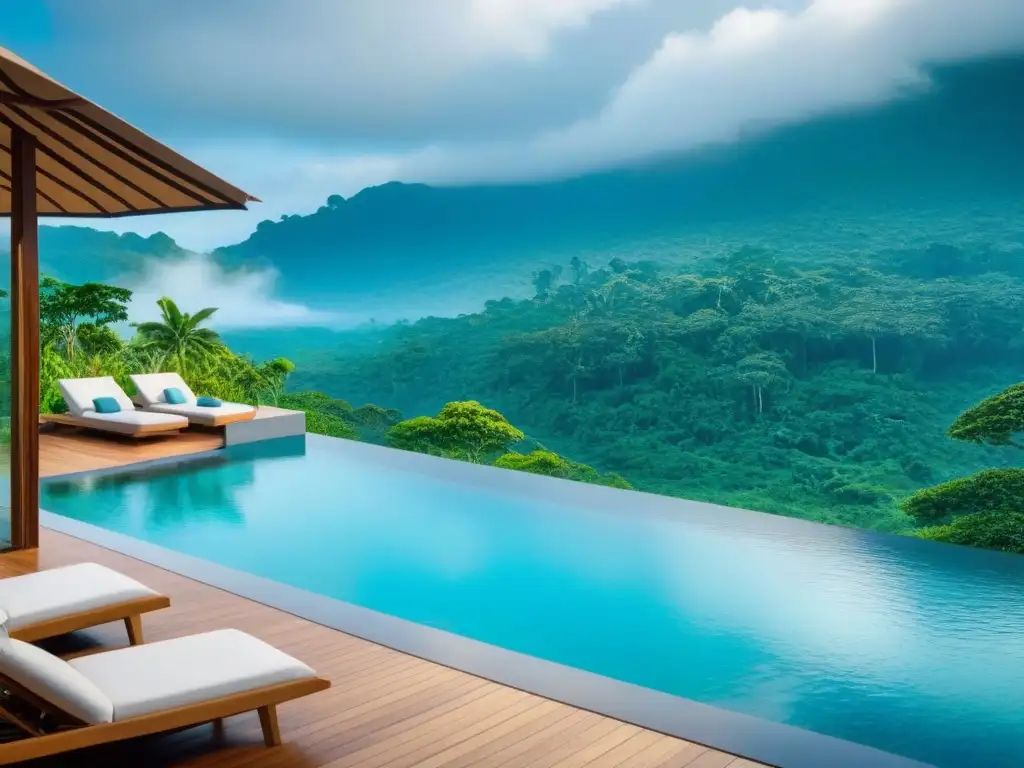 Refugio eco-sostenible en selva tropical: lujo y armonía verde Un resort ecológico de lujo en la selva tropical con actividades relajantes
