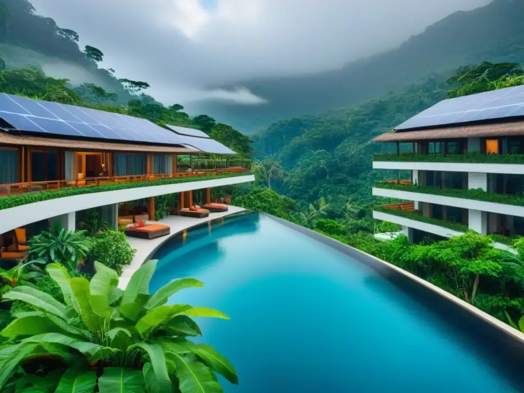 Resort ecológico de lujo en la selva: inversión sostenible Un resort ecológico de lujo en la selva con paneles solares, reciclaje y actividades sostenibles