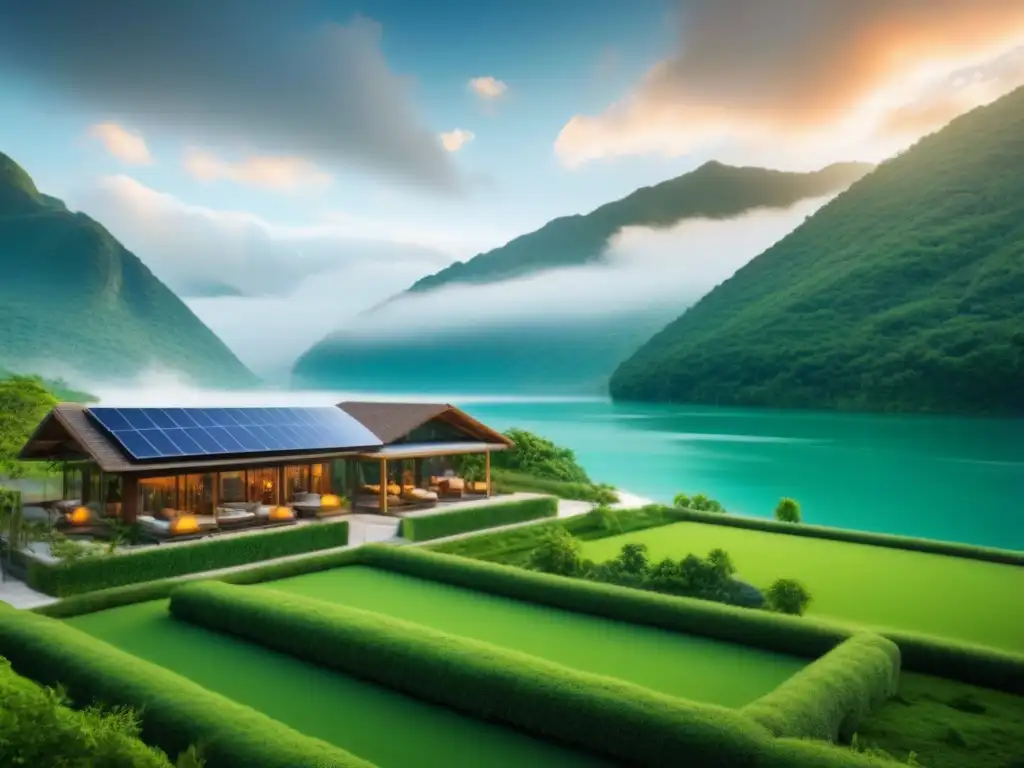 Resort ecológico de lujo en la naturaleza Un resort ecológico entre montañas y un lago cristalino, con arquitectura sostenible y huéspedes disfrutando de amenidades ecofriendly