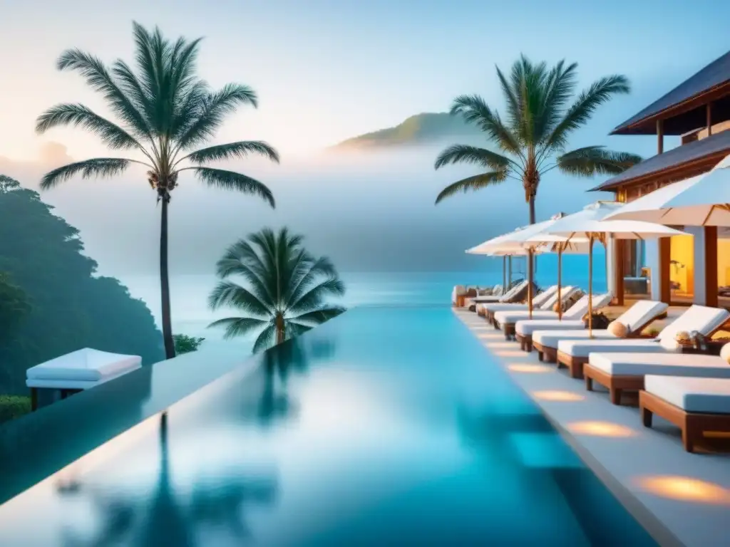 Resort de lujo frente al mar con diseño arquitectónico moderno Un resort frente a la playa con diseño arquitectónico moderno y lujoso, piscinas infinitas con vista al océano, palmeras y áreas de descanso elegantes