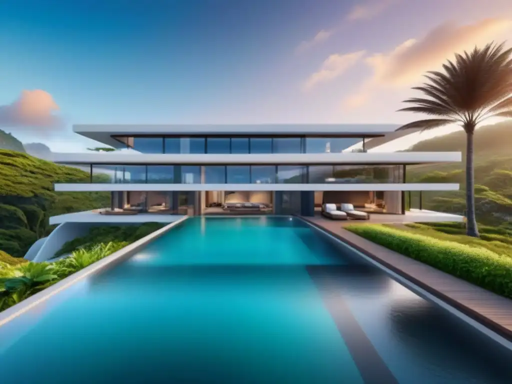 Resort futurista con IA: lujo y tecnología en la experiencia vacacional Un resort futurista con IA integrada en un entorno exuberante