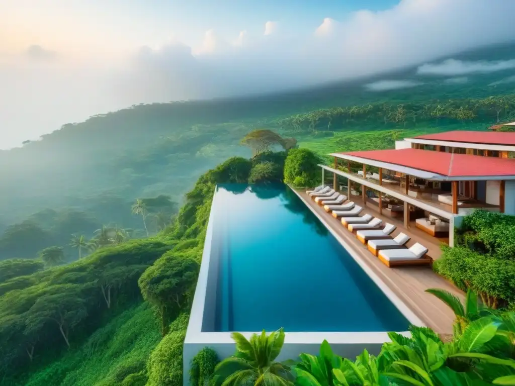 Resort ecológico con vistas aéreas impresionantes Un resort internacional ecológico entre exuberante vegetación, con paneles solares, piscina infinita y huéspedes disfrutando de la tranquilidad