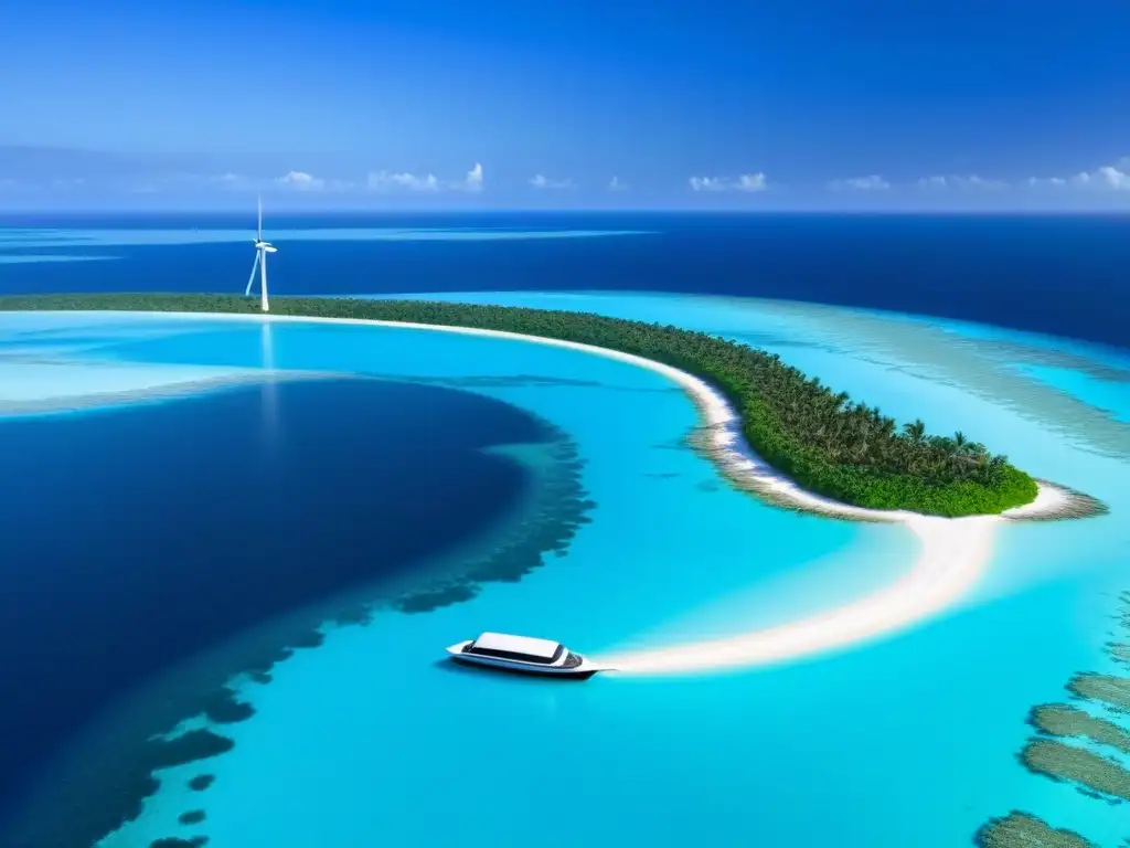 Resort de lujo y sostenibilidad en isla privada futurista Un resort de isla de lujo con tecnología avanzada y diseño sostenible, piscina infinita futurista y energía renovable