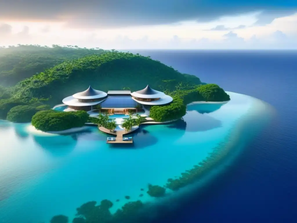 Paraíso futurista: lujo opulento en isla privada Un resort de isla lujoso y futurista con villas de alta tecnología integradas en el exuberante paisaje tropical