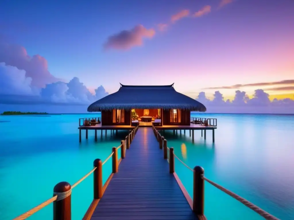 Paraíso exclusivo: atardecer romántico en resort de lujo Promocionar resort en isla privada: Atardecer en lujoso resort con bungalows sobre el agua, aguas turquesa y cena romántica