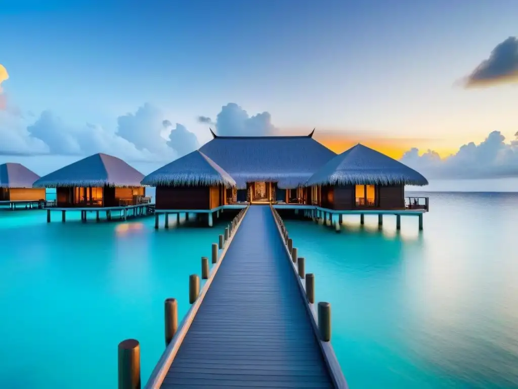 Paraíso exclusivo: atardecer dorado en bungalows sobre el agua Promocionar resort en isla privada: Atardecer dorado sobre bungalows sobre el agua, huéspedes disfrutando en decks privados