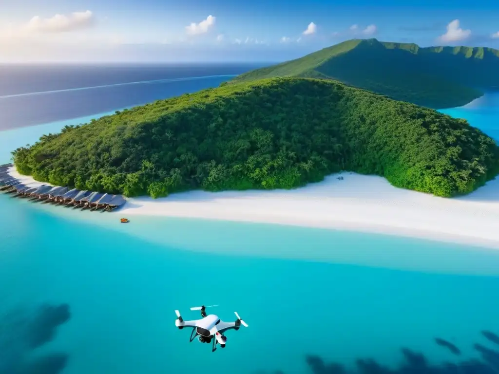 Paraíso privado de lujo: drones entregan paquetes en isla idílica Un resort de isla privada de lujo con un sistema de entrega de drones, rodeado de aguas turquesas y playas de arena blanca