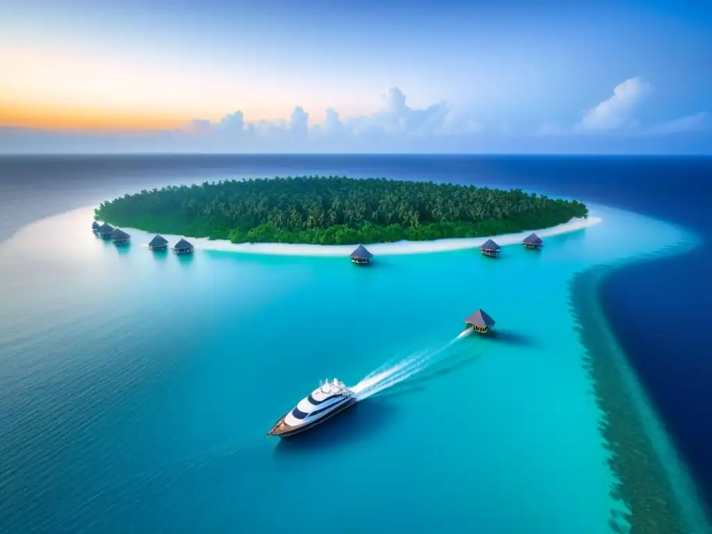Paraíso exclusivo: isla privada de lujo al atardecer Resort de isla privada de lujo con aguas turquesas, playas blancas, vegetación exuberante y villas elegantes sobre el agua al atardecer