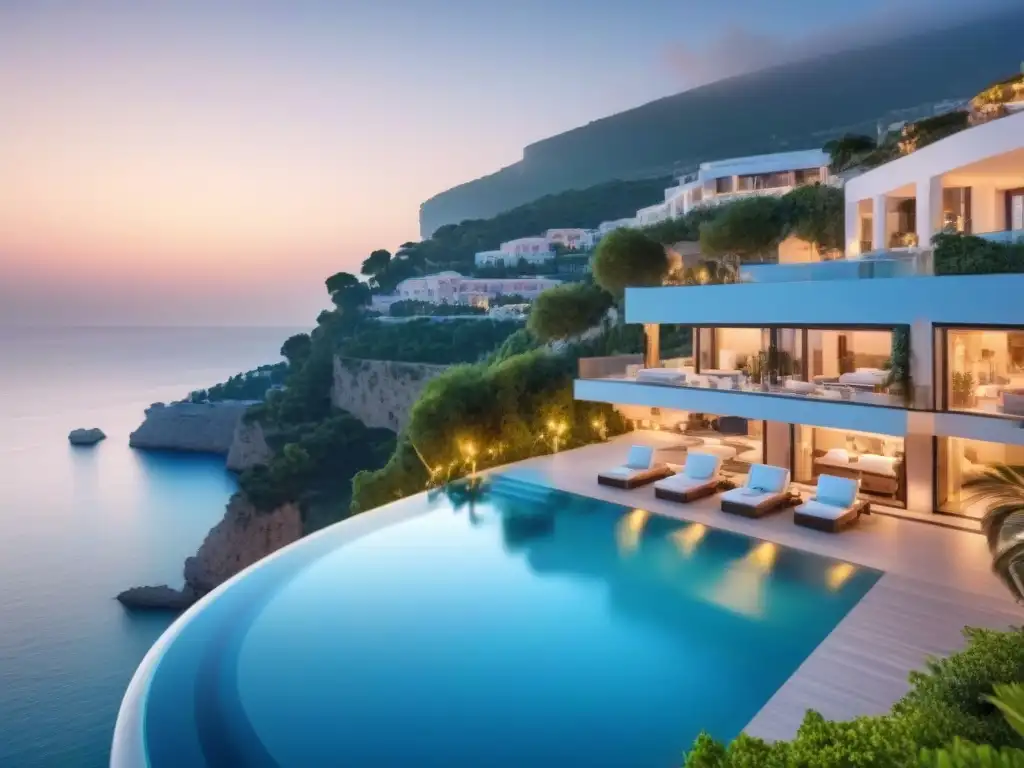 Resort de lujo en acantilado: Mediterráneo al atardecer Resort de lujo en acantilado en Europa con vistas al Mediterráneo, piscinas infinity y terrazas privadas