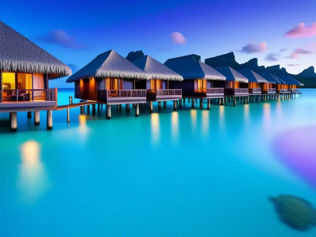 Paraíso tropical en Bora Bora: lujo y relax en un resort de ensueño Resort de lujo en Bora Bora con aguas turquesas, bungalows sobre el agua y atardecer vibrante