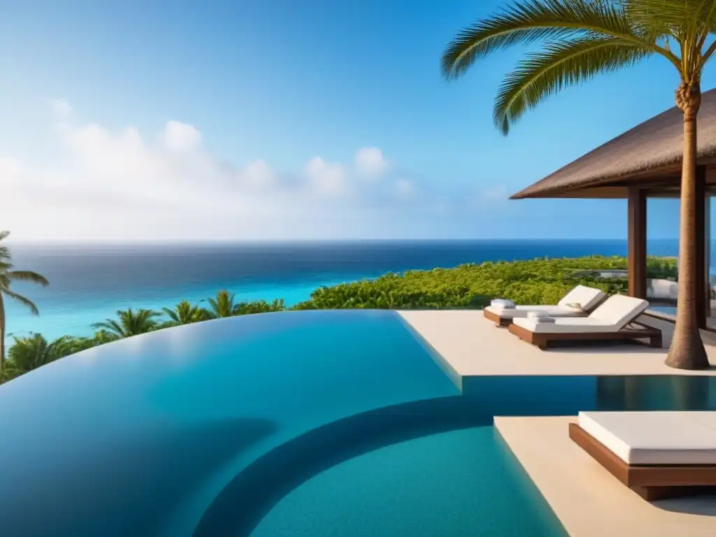 Resort de lujo con vistas al mar turquesa: sofisticación y relax Resort de lujo con arquitectura moderna y vista panorámica al océano turquesa, piscinas infinitas y mobiliario elegante
