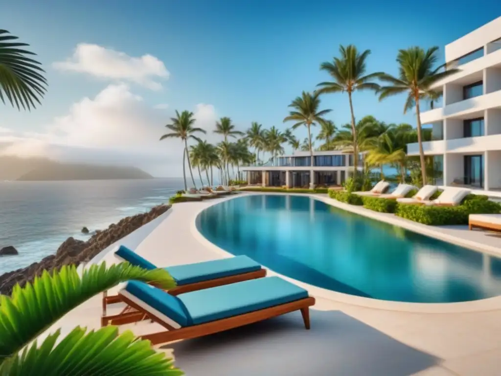 Resort de lujo: arquitectura moderna y piscina paradisíaca Un resort de lujo con arquitectura moderna, piscina y vista al mar