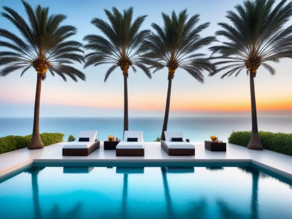 Resort de lujo frente al mar: exclusividad y relax Resort de lujo con arquitectura moderna, piscinas infinitas, palmeras y áreas de descanso al aire libre
