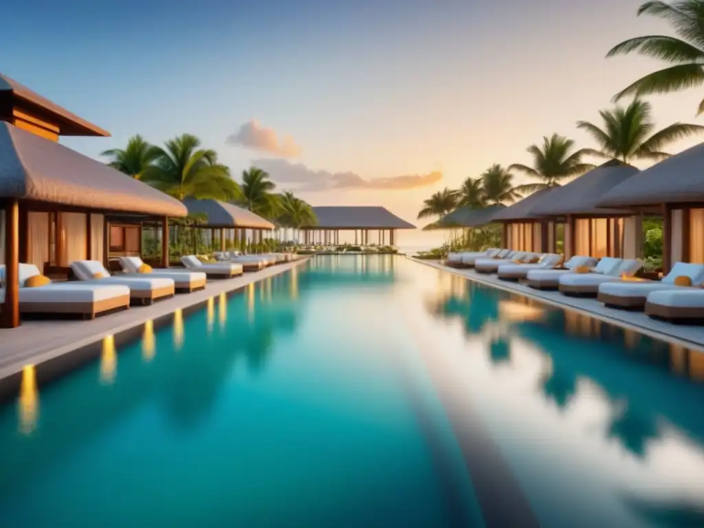 Resort de lujo: diseño moderno en paraíso tropical Un resort de lujo con arquitectura moderna rodeado de aguas turquesas y exuberante vegetación al atardecer