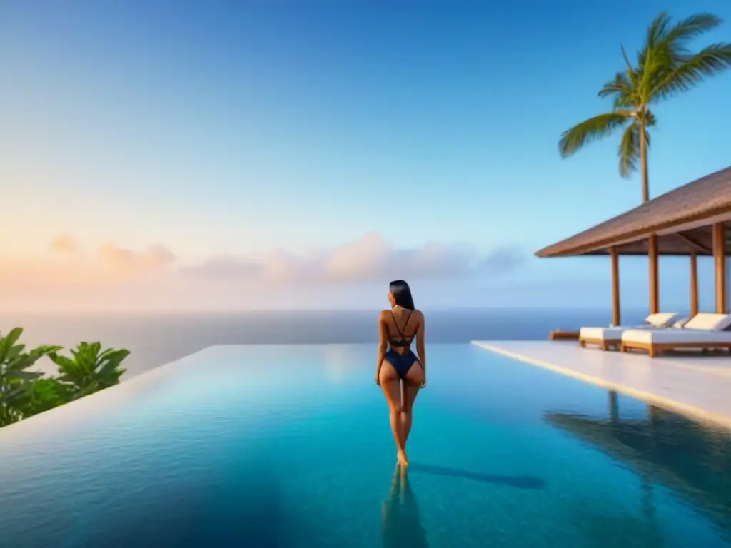 Resort de lujo con infinity pool y atardecer dorado Un resort de lujo con arquitectura moderna, vegetación exuberante y una impresionante piscina infinita con vista al océano
