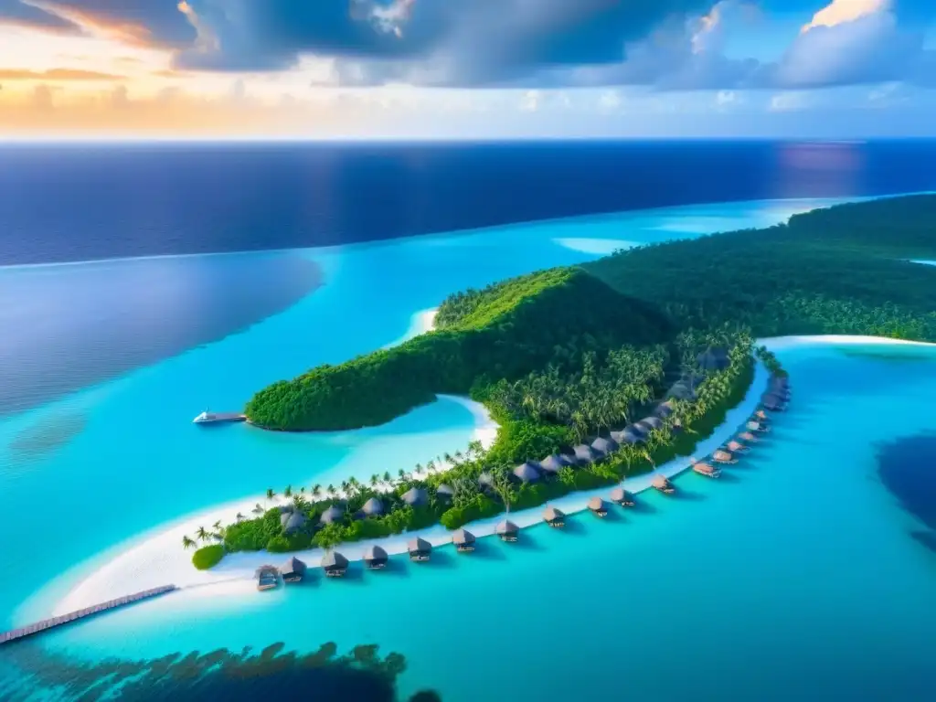 Paraíso tropical: Resort de lujo al atardecer Resort de lujo en destino exótico con aguas turquesas, palmeras y yates, ideal para inversion propiedades tiempo compartido destinos exóticos