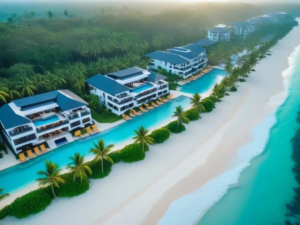 Paraíso tropical: resort de lujo con vistas al mar turquesa Resort de lujo en destino tropical con villas, piscinas privadas y playa de arena blanca
