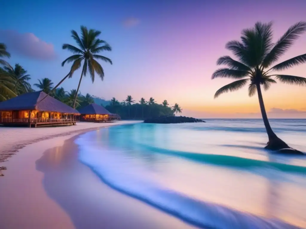 Paraíso tropical: resort de lujo frente al mar con atardecer dorado Un resort de lujo frente a la playa con palmeras meciéndose suavemente en la brisa, aguas turquesas y peces coloridos entre arrecifes de coral