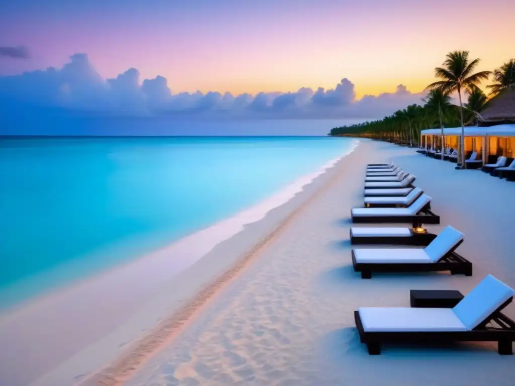 Paraíso tropical: resort de lujo con atardecer romántico en playa Un resort de lujo frente a la playa al atardecer, con aguas turquesas cristalinas y parejas disfrutando de paseos románticos