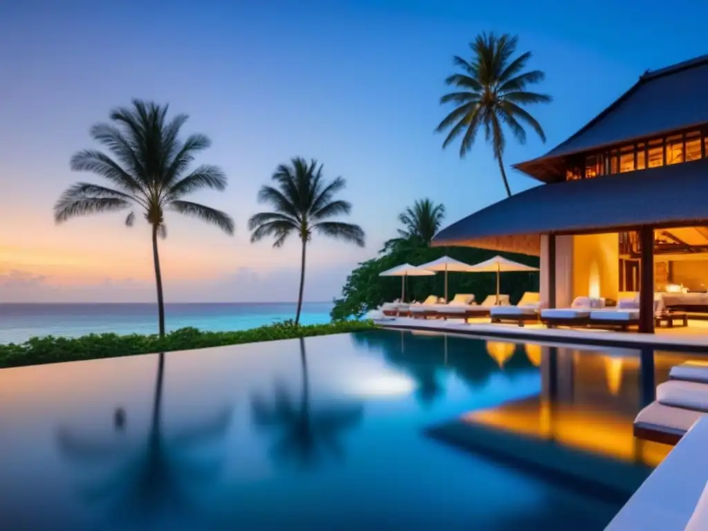 Resort de lujo frente al mar con piscina infinita y atardecer dorado Resort de lujo frente a la playa con piscina infinita, atardecer dorado, palmeras y beneficios fiscales inversión tiempo compartido