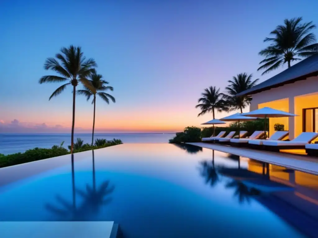Resort de lujo frente al mar con piscina infinita y atardecer Un resort de lujo frente a la playa con piscina infinita y vistas al mar, ideal para promover propiedades de tiempo compartido internacional