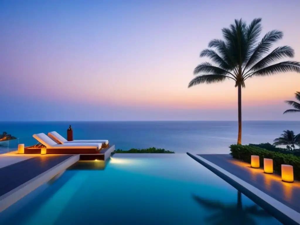 Resort de lujo en la playa: atardecer romántico y sofisticado Resort de lujo frente a la playa con piscinas infinitas y elegantes áreas de descanso al aire libre