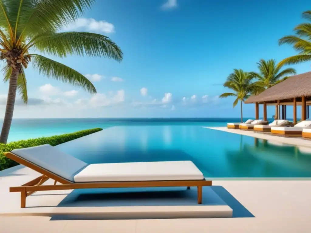 Resort de lujo frente al mar con piscina infinita y palmeras Resort de lujo frente a la playa con piscina infinita y palmeras, ideal para vacaciones en gestión tiempos compartidos internacionales