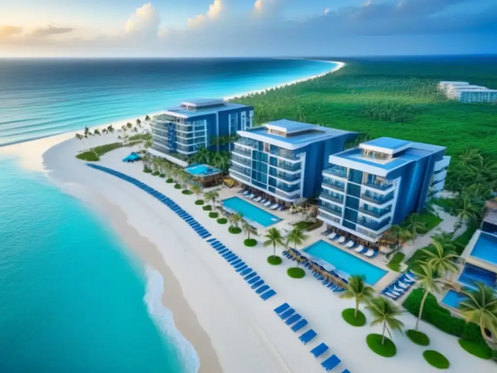 Paraíso playero exclusivo con vista aérea y amenidades de lujo Un resort de lujo frente a la playa con aguas turquesas, palmeras y amenidades exclusivas