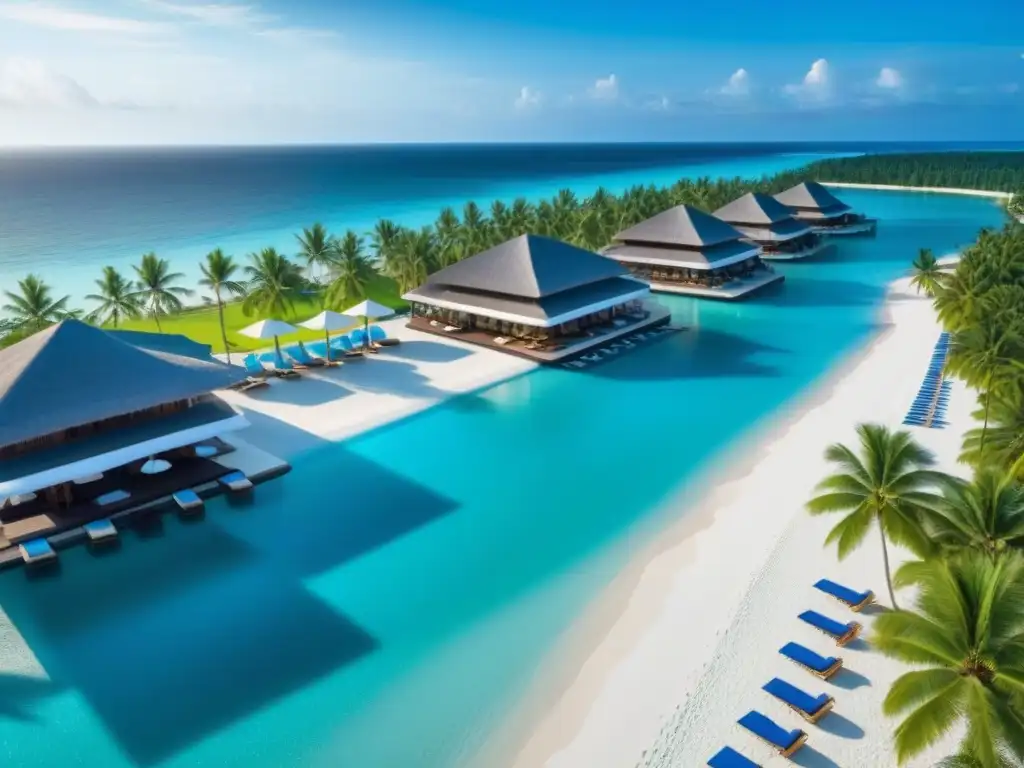 Paraíso costero: resort de lujo con piscinas infinitas y atardecer mágico Un resort de lujo frente a la playa con piscinas infinitas, palmeras y aguas turquesa