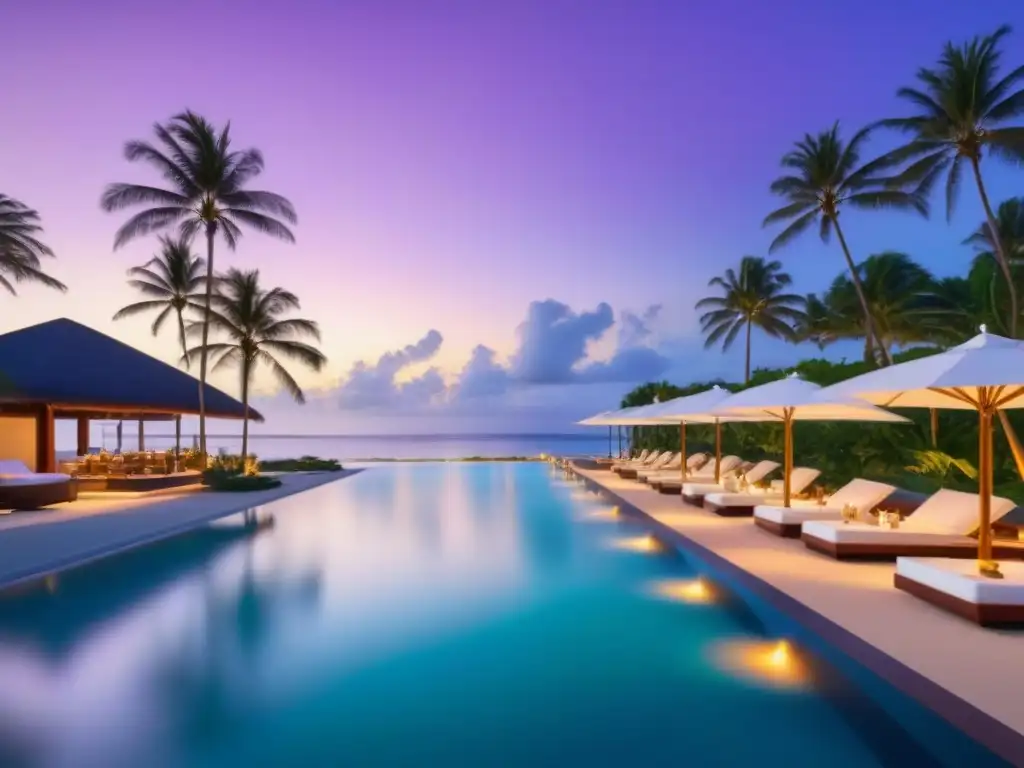 Resort de lujo en la playa: piscinas infinitas, atardeceres y relax Un resort de lujo frente a la playa con arquitectura moderna, piscinas infinitas, palmeras y una playa privada