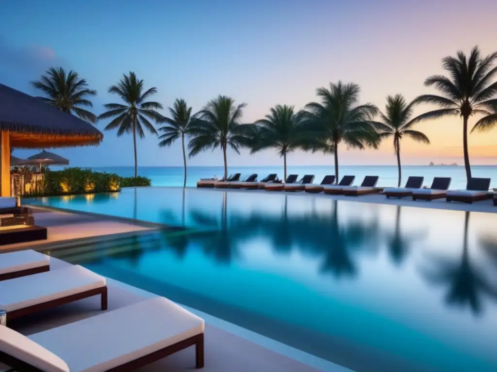 Paraíso playero de lujo al atardecer: resort moderno frente al mar Un resort de lujo frente a la playa, con arquitectura moderna y una piscina infinita