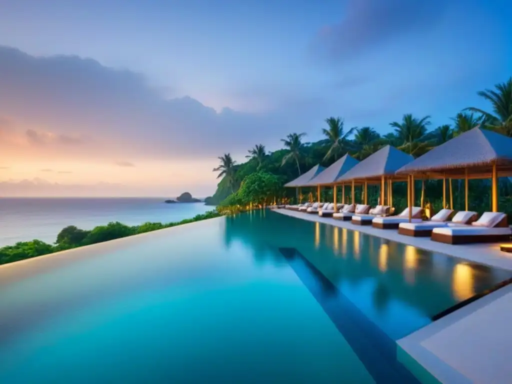Resort de lujo frente a la playa: atardecer exclusivo Resort de lujo frente a la playa con arquitectura moderna y piscinas infinitas, rodeado de exuberante vegetación y playa de arena
