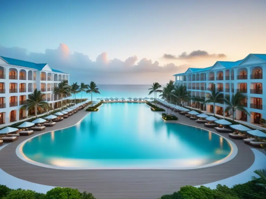 Resort de lujo frente al mar: exclusividad y elegancia Resort de lujo frente a la playa con arquitectura moderna, piscina y ambiente exclusivo para estrategias marketing tiempo compartido internacional
