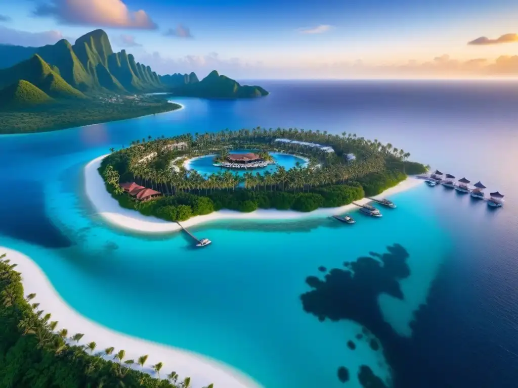 Paraíso exclusivo: Resort de lujo en isla privada con atardecer dorado Resort de lujo en isla privada con villas elegantes, playas de arena blanca y marina privada al atardecer