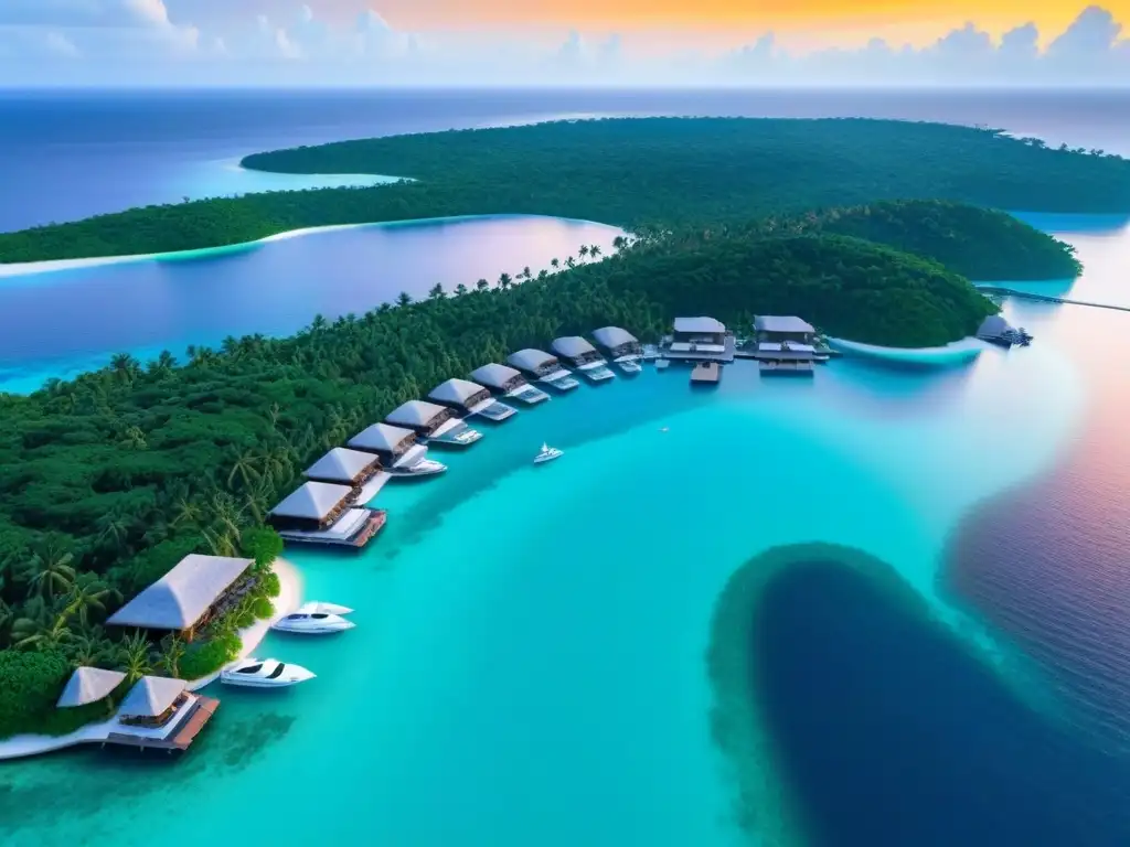 Paraíso exclusivo: isla privada de lujo con villas sobre el agua y atardecer dorado Resort de lujo en isla privada con villas sobre el agua, playas blancas y vegetación tropical, al atardecer