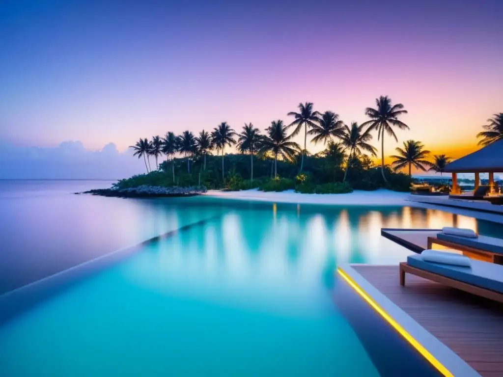 Paraíso exclusivo: isla privada de lujo con villas, playas y atardeceres Resort de lujo en isla privada con villas y playas, atardecer y yate