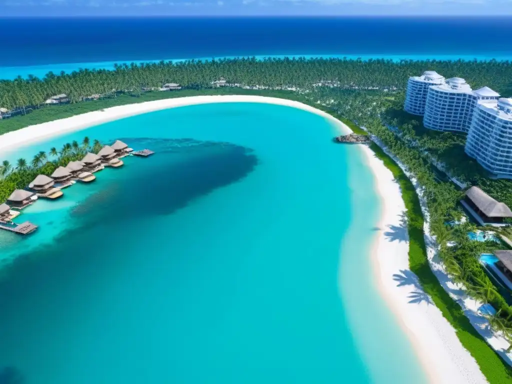 Resort de lujo frente al mar: para vender tu timeshare Resort de lujo frente al mar con aguas turquesa, playas de arena blanca y palmeras, ideal para vender tiempo compartido