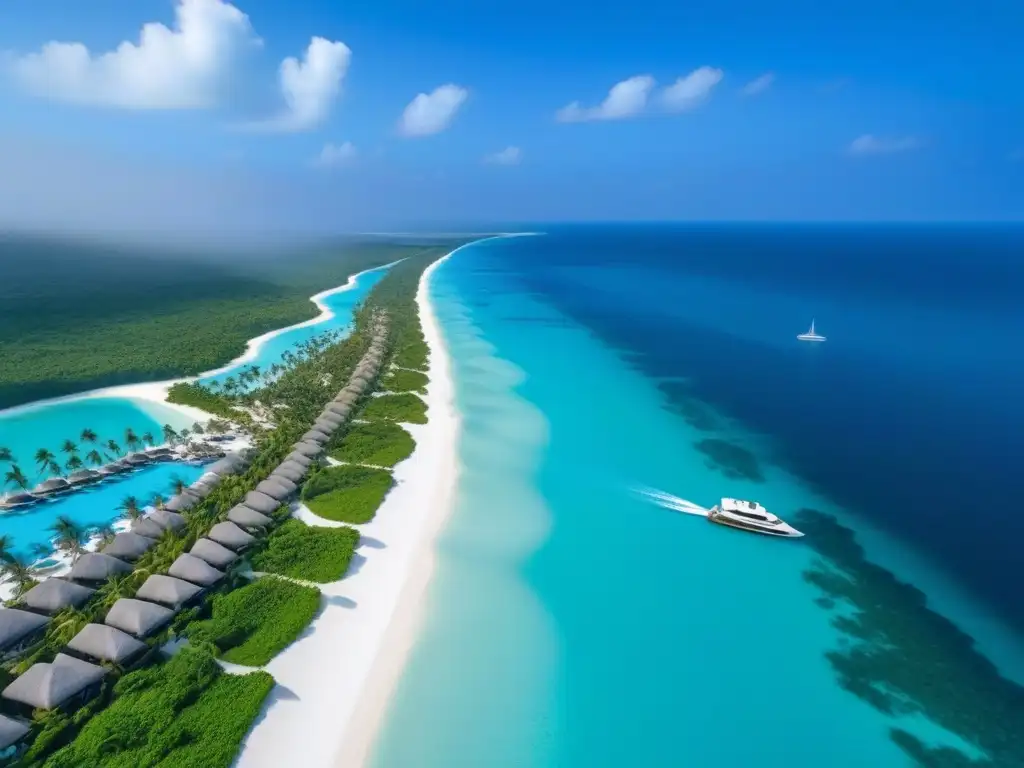 Resort de lujo frente al mar: vista aérea impresionante Resort de lujo frente al mar con aguas turquesa, playas blancas y palmeras