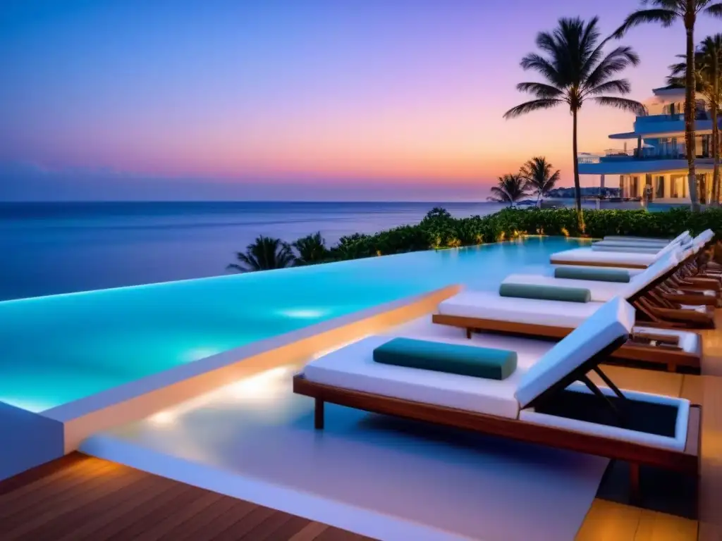 Resort de lujo frente al mar: piscinas infinitas y atardecer dorado Resort de lujo frente al mar con diseño arquitectónico moderno, piscinas infinitas, palmeras y áreas de descanso al aire libre
