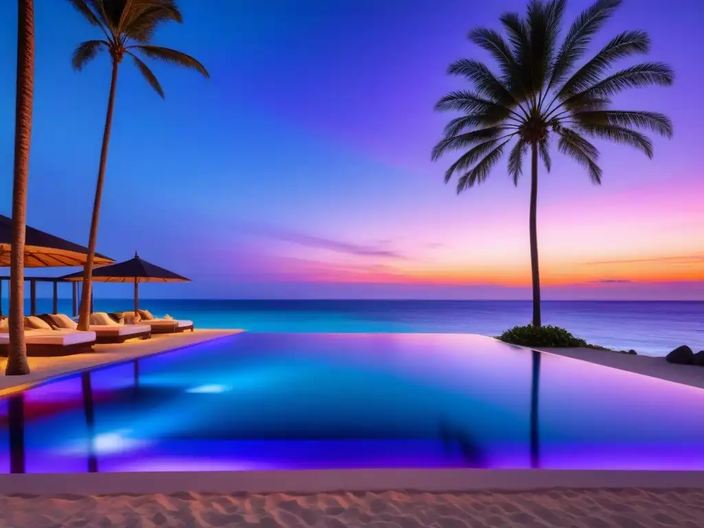Resort de lujo en la playa: atardecer vibrante Un resort de lujo frente al mar con arquitectura moderna, piscina infinita y atardecer vibrante