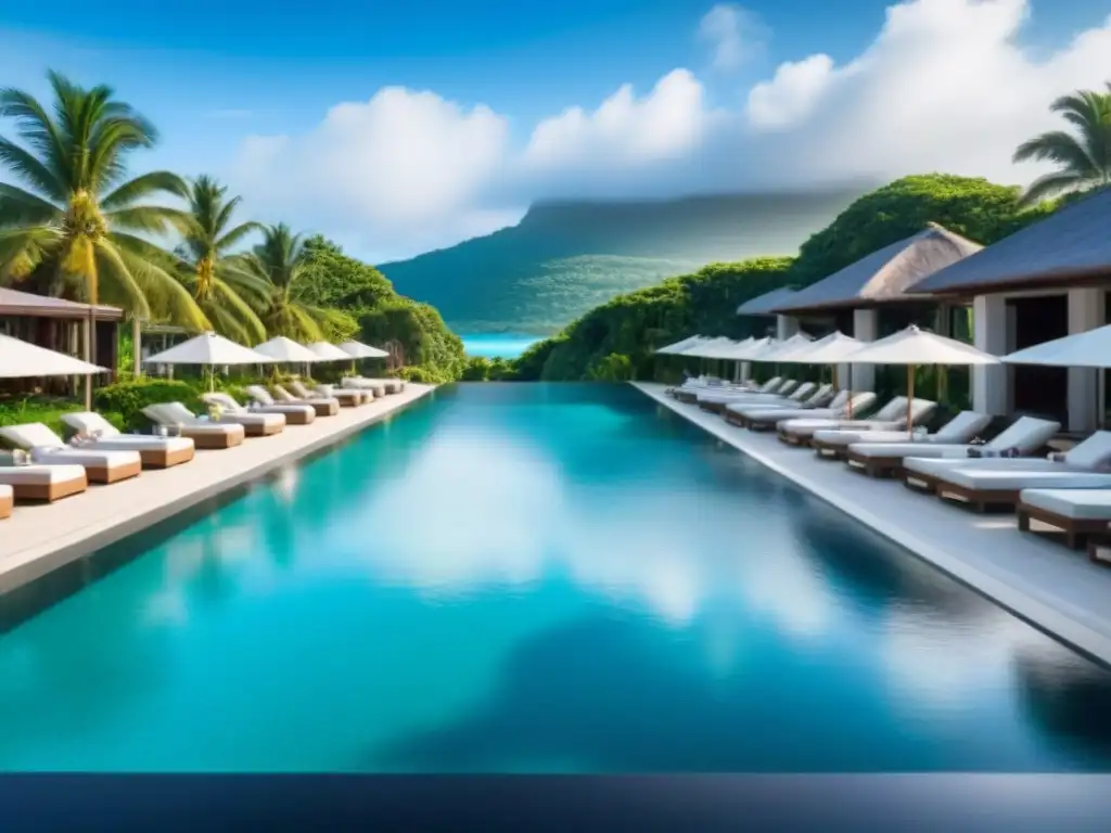 Resort de lujo frente al mar: inversión inigualable Resort de lujo frente al mar con arquitectura moderna y piscinas infinitas, rodeado de exuberante vegetación tropical bajo un cielo azul