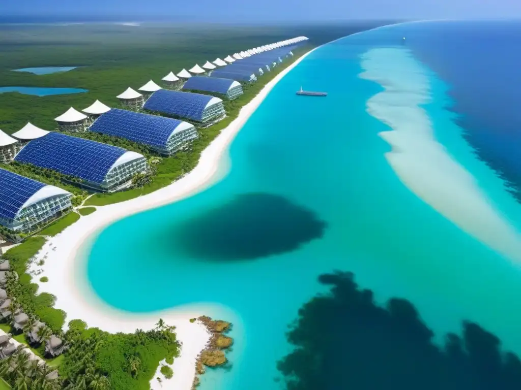 Resort de lujo ecoamigable en paraíso tropical Resort de lujo frente al mar con arquitectura ecoamigable y huéspedes disfrutando de comodidades sostenibles, Riesgos climáticos en tiempo compartido