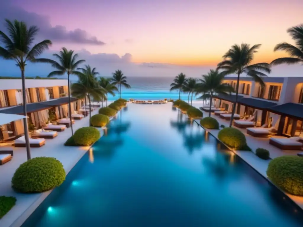 Paraíso de lujo: Resort de lujo frente a la playa al atardecer Resort de lujo frente al mar al atardecer con piscina infinita y arquitectura moderna, fusionando con la belleza natural