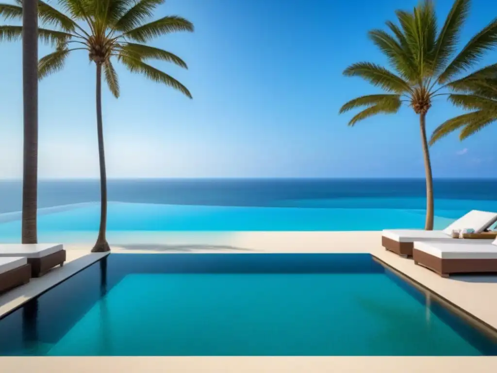 Resort de lujo frente al mar con piscina infinita y atardecer majestuoso Resort de lujo frente al mar con diseño moderno y piscina infinita, rodeado de palmeras y playas blancas