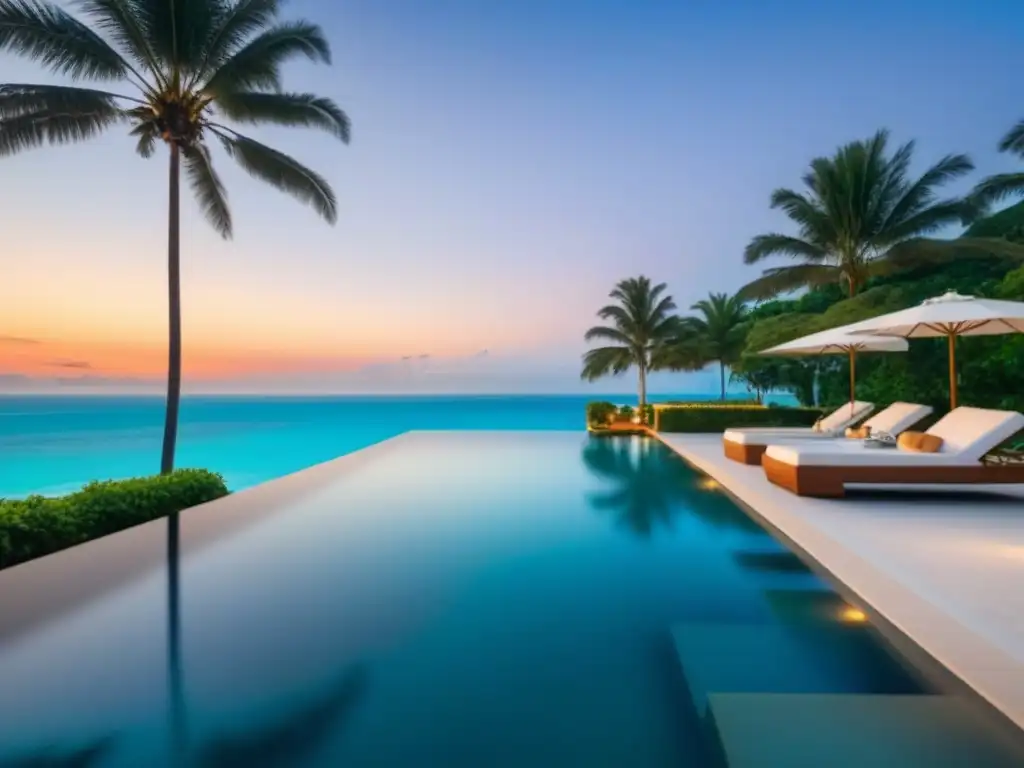 Resort de lujo frente al mar con piscina infinita y atardecer dorado Un resort de lujo frente al mar con una elegante piscina infinita y un atardecer dorado, ideal para estrategias renovación tiempo compartido