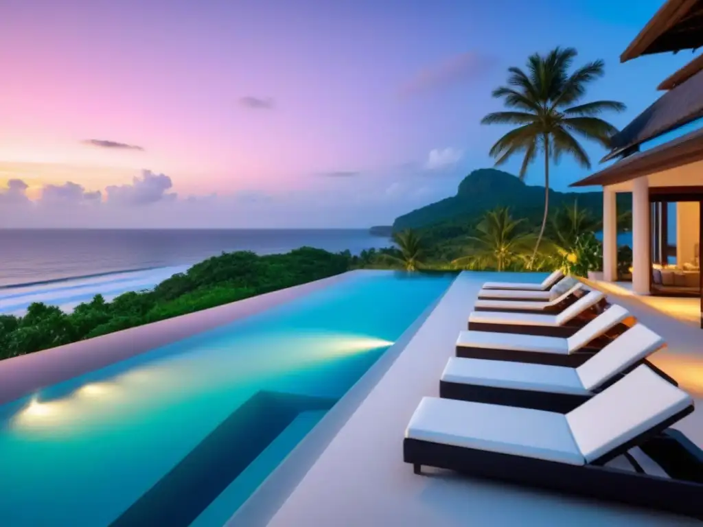 Resort de lujo frente al mar con piscina infinita y atardecer vibrante Resort de lujo frente al mar con piscina infinity, palmeras y atardecer vibrante