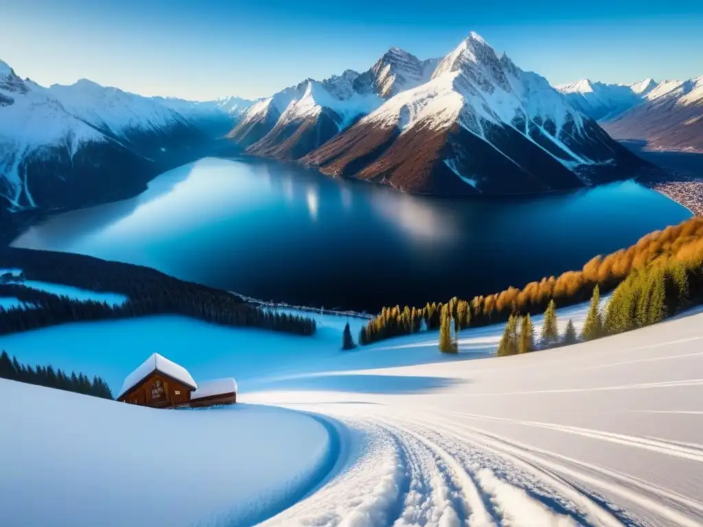 Esplendor alpino: lujo y deporte en resort de esquí Un resort de esquí de lujo en medio de montañas nevadas, con elegantes chalets, pistas impecables y un lago congelado